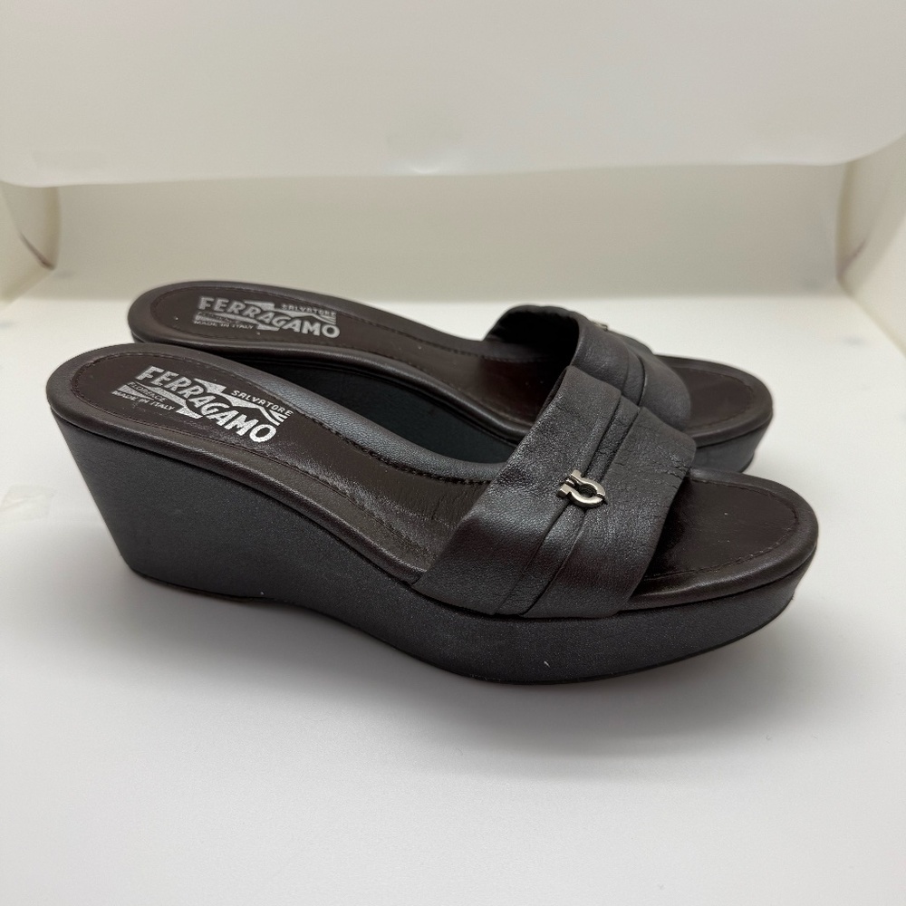 Salvatore Ferragamo Brown Leather Wedge Slide Sandals